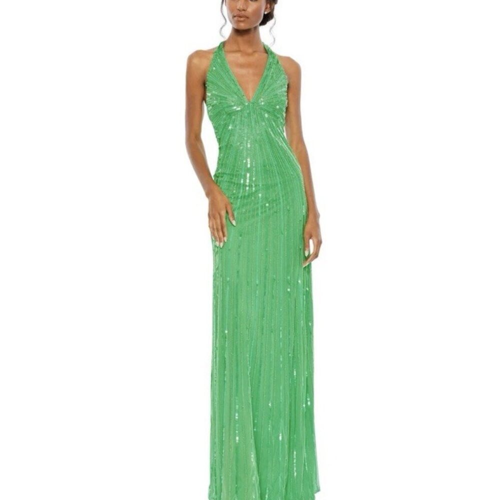 NWT Mac Duggal Size 14 Green 10898 Halter Neck Sequin Gown Dress Prom Formal NWT - Picture 2 of 12